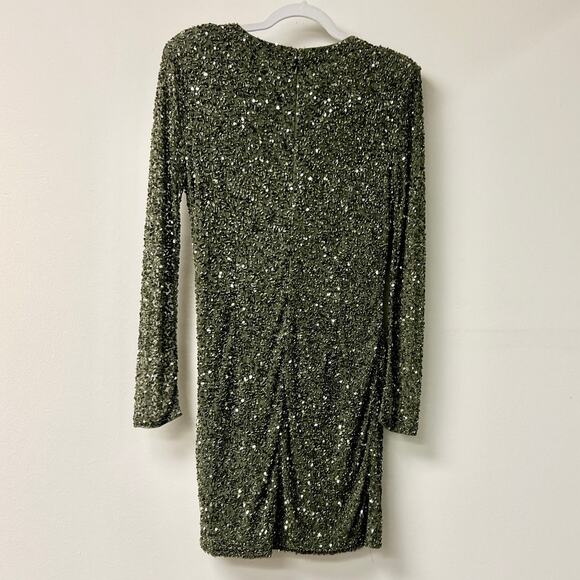 Retrofête Yael Sequin Tulle Long Sleeve Draped Mini Dress Green Womens Size L - Picture 5 of 5